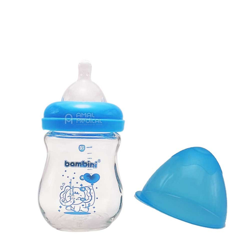 Biberon large en verre bleu - Tétine en silicone